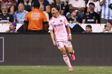 David Ruiz of Inter Miami CF celebrates after scoring a goal in the second half during the Leagues Cup 2023 semifinal match between Inter Miami CF and Philadelphia Union at Subaru Park.